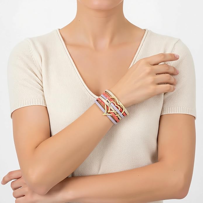 Edoneery Leather Wrap Bracelet for Women, Boho Handmade Multi-Layer Cuff with Crystal Beads Heart, Stackable Bangle Western Jewelry Gift