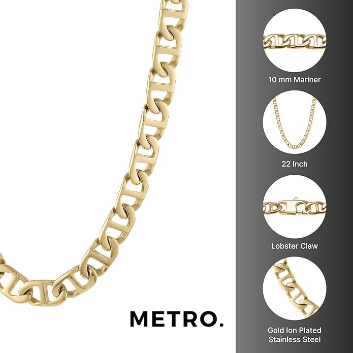 Metro Jewelry Stainless Steel Mariner Link Necklace for Men with Yellow Gold or Black Ion Plating 20 to 30 Inch Chain with Lobster Claw 10MM