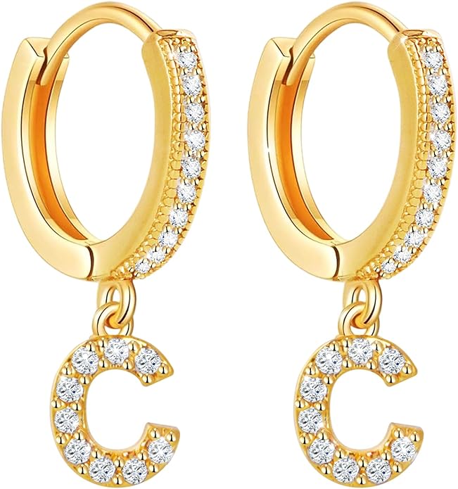 18K Gold Filled Initial Dangle Hoop Earrings for Women, 1 Pair CZ Hypoallergenic Alphabet Letter A-Z Drop Dangle Dainty Gold Earrings, Small Huggie Hoop Earrings with Cubic Zirconia Gifts Jewelry