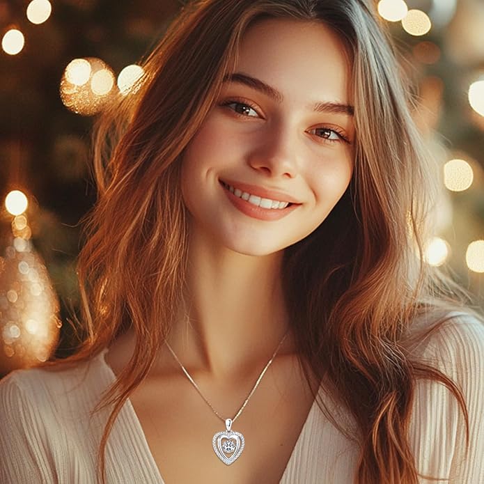 LAVUMO Moissanite Heart Necklace for Women, Dancing Moissanite Pendant 925 Sterling Silver Diamond Necklace Valentines Birthday Anniversary Christmas Jewelry Gifts for Her Girlfriend Wife Mom