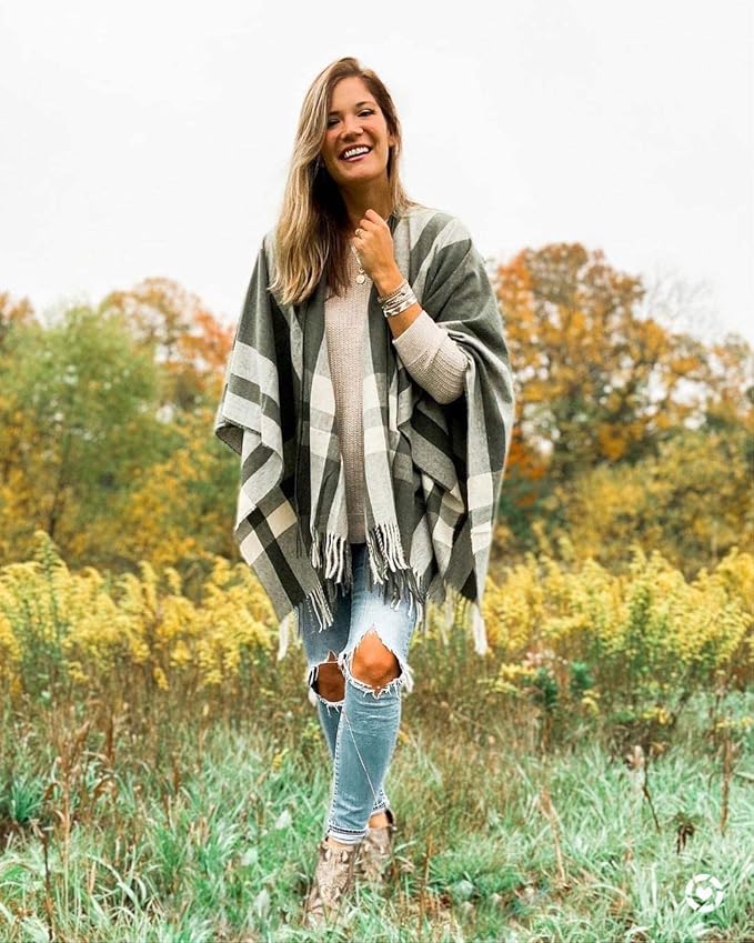 Moss Rose Women's Travel Plaid Shawl Wrap Open Front Poncho Cape for Fall Winter