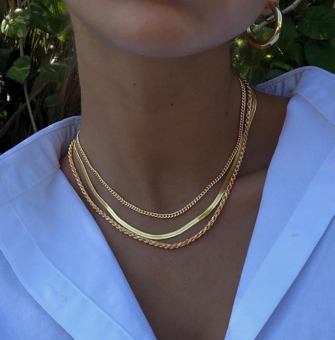 DEARMAY 14K Gold Plated Necklaces for Women, Dainty Gold Herringbone Choker Necklace Thin Layered Snake Chain Jewelry for Gifts