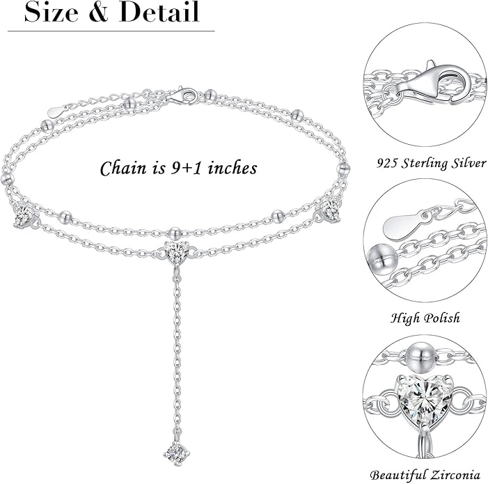 925 Sterling Silver Ankle Bracelet for Women Heart Multilayer Anklets Dainty Beaded Chain Adjustable 9+1 Inches for Summer Cute Beach Foot Jewelry