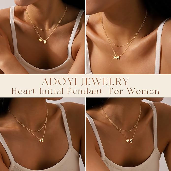 adoyi Gold Necklace for Women Layered Bubble Heart Letter Initial Necklaces for Women Trendy Jewelry 14K Gold Plated Chain Chunky Name Necklace Stack Charm A-Z Pendant Set Jewelry Gifts