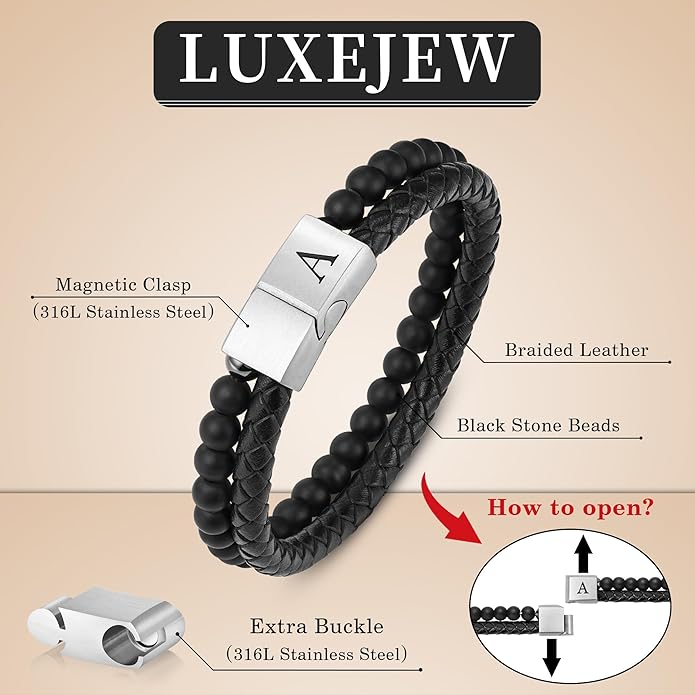 LUXEJEW Gifts for Men - Mens Bracelet, Beaded Leather Initial Bracelet 6mm Matte Agate Stone Handmade Bracelets Adjustable Stainless Steel Magnetic Clasp Mens Jewelry Gifts