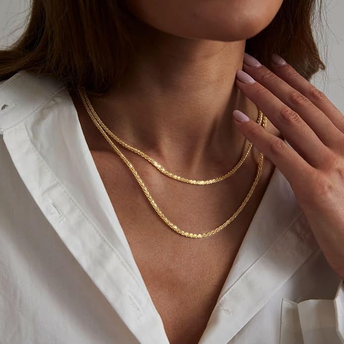 14K Gold Necklace for Women, Womens Dainty Chain Necklace Plated Shining Dots Satellite Choker Box Chain, Women Layering Necklaces