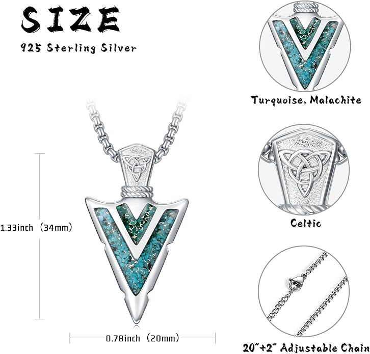 Suiknsn Arrowhead Necklace for Men Women 925 Sterling Silver Turquoise Malachite Celtic/Eye of Horus/Viking Arrow Pendant Amulet Jewelry Gifts Native American Necklace