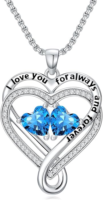 I Love You for Awlays and Forever Double Heart Necklace with Birthstone, 2 Birth Stone Jewelry Anniversary Valentines Mothers Day Christmas Birthday Gifts for Women Her Wife Girlfriend Mom Mother