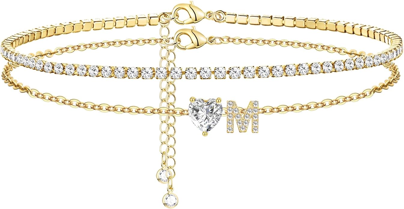 Gold Initial Ankle Bracelets for Women 14K Gold Plated CZ heart Tennis Anklets for Women Waterproof Layered Adjustable Letter Anklets Large Ankle Summer Beach Foot Jewelry
