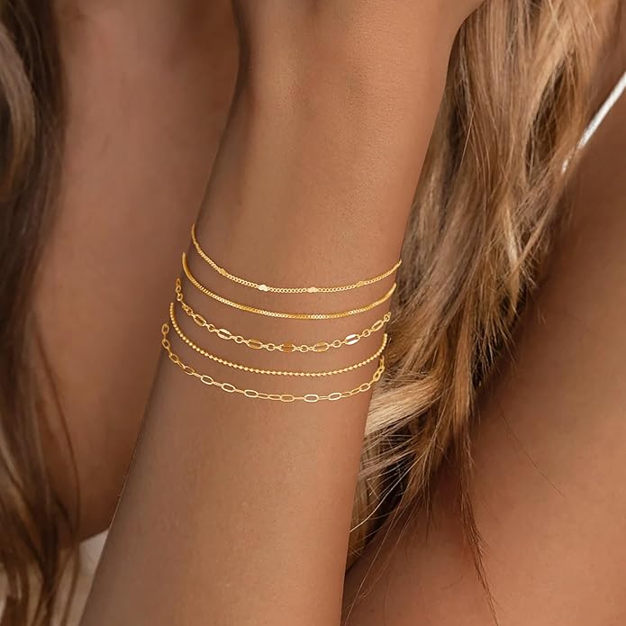 Gold Bracelets for Women Trendy,14K Gold Plated Dainty Stackable Paperclip Cuban Link Chain Bracelets, Simple Cute Cuff Bracelets Jewelry Set Adjustable 7"+2"