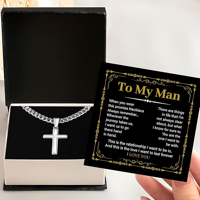 FLAGISTA To My Man Cross Necklace, Stainless Steel Cross Pendant with Adjustable Cuban Link Chain, Meaningful Gift for Him.