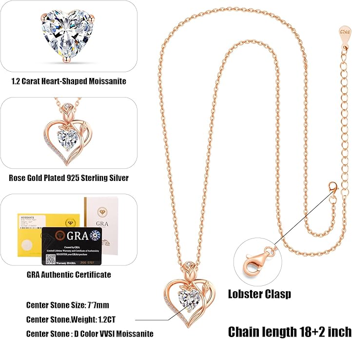 1.2CT Rose Heart Moissanite Necklace for Women Jewelry D Color VVS1 S925 Sterling Silver 18K Rose Gold Plated For Wife Girlfriend Mom Daughter for Wedding Anniversary Christmas Birthday Gift for Women Conveys I Love You Message