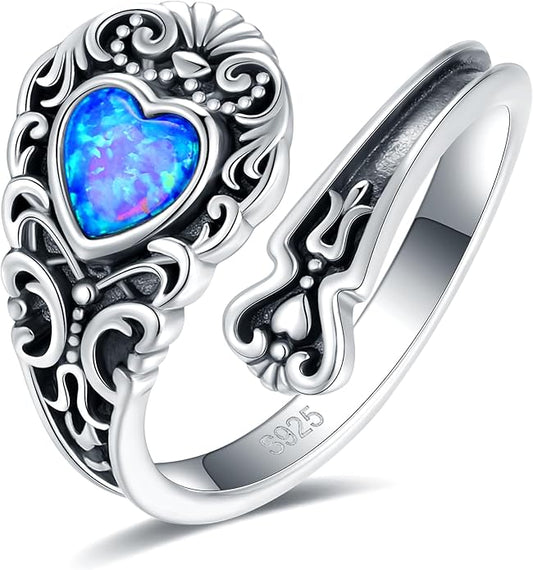 S925-Sterling-Silver Abalone Dragonfly-Turquoise Spoon Ring - Vintage Boho Sunflower Thumb Oxidized Wrap Rings Victorian Style Antique Floral Jewelry Gifts for Women