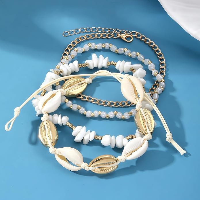 Shell Ankle Bracelet Set for Women, Gold Plated Boho Bead Adjustable Anklet, Hawaiian Beach Seashell Pearl Heart Starfish Conch Foot Jewelry Gifts