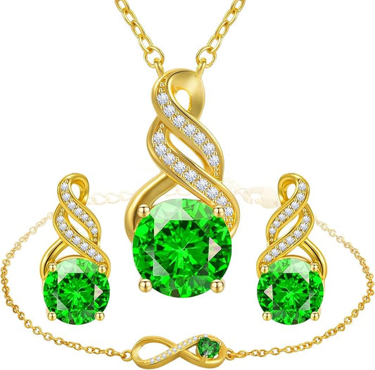 HNPHQT Jewelry Sets for Women-18K Gold Plated Dainty Birthstone Pendant,Trendy Necklace Earrings Infinity Bracelets Set,Ideal Jewelry Gifts for Her Mom