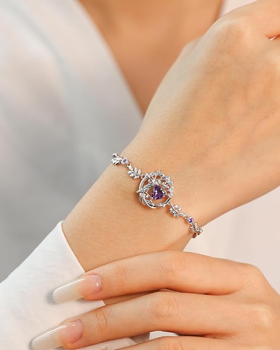 FANCIME Tree of life Birthstone Bracelet for Women Sterling Silver Tree Jewelry Birthstone Charm Bracelet Gemstone Anniversary Birthday Christmas Gifts for Wife Mom Her