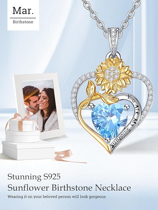 Zeuslia Double Birthstone Necklace Gifts for Wife - 925 Sterling Silver Sunflower/Rose/Crown Cross/Compass/Heart Pendant I Love You Necklace, Anniversary Birthday Gifts for Wife Girlfriend Mom Her