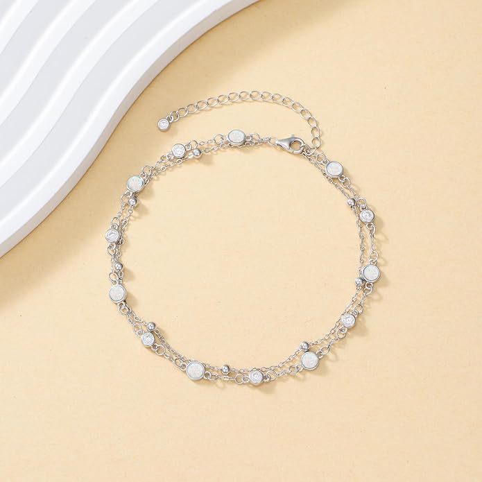 Anklets for Women 925 Sterling Silver Natural Stone Layered Anklet Beach Summer Fine Jewelry Birthday Christmas Gifts for Women Her Mom