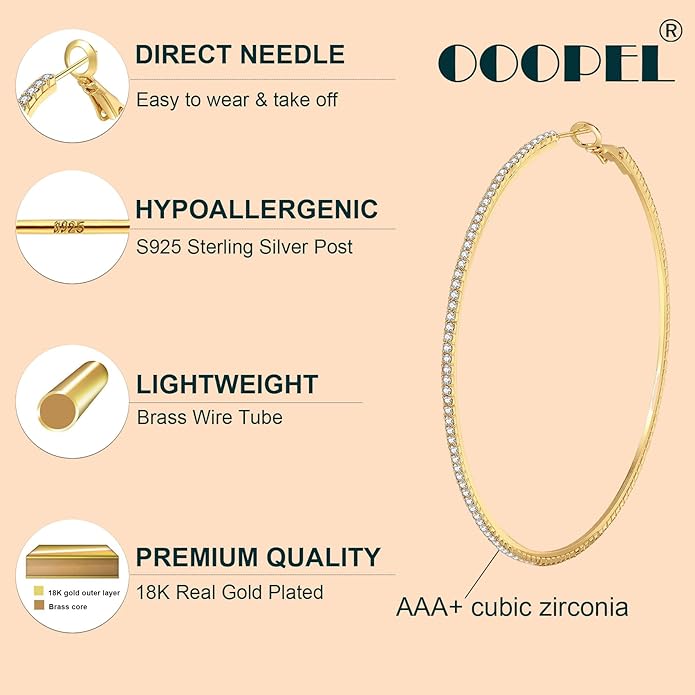 925 Sterling Silver Earrings Large Rhinestone Hoop Earrings Big Cubic Zirconia Hoop Earrings Thin Rhinestones Round Hoop Earrings for Women 20/30/40/50/60/70mm Sparkly Hoops With Crystals for Womens