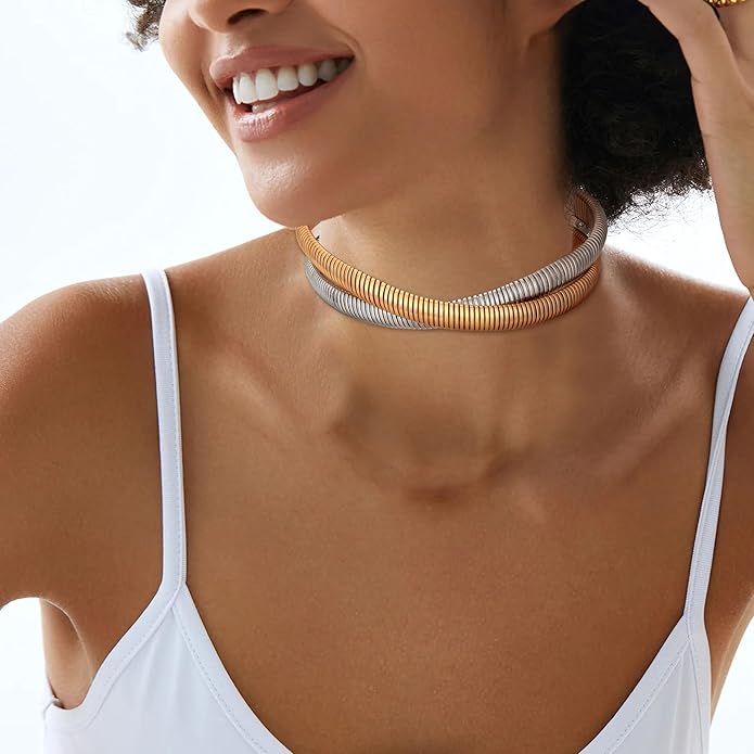 Chunky Gold Choker Necklace for Women, 14K Gold Plated Snake Chain Statement Necklace Triple Twsited Layered Choker Necklaces Jewelry Gifts