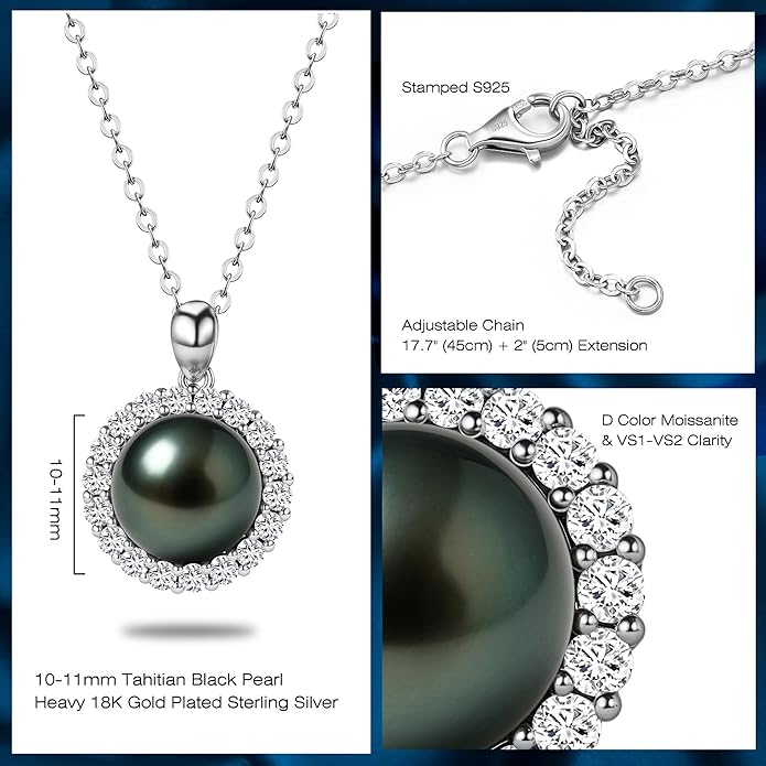 Genuine Tahitian Black Pearl Necklaces for Women, 9-12mm AAAA Seawater Pearl - Sterling Silver Moissanite Pendant, Wedding Anniversary, Birthday, Christmas Gift for Wife, Mom, Girlfriend, Fine Jewelry