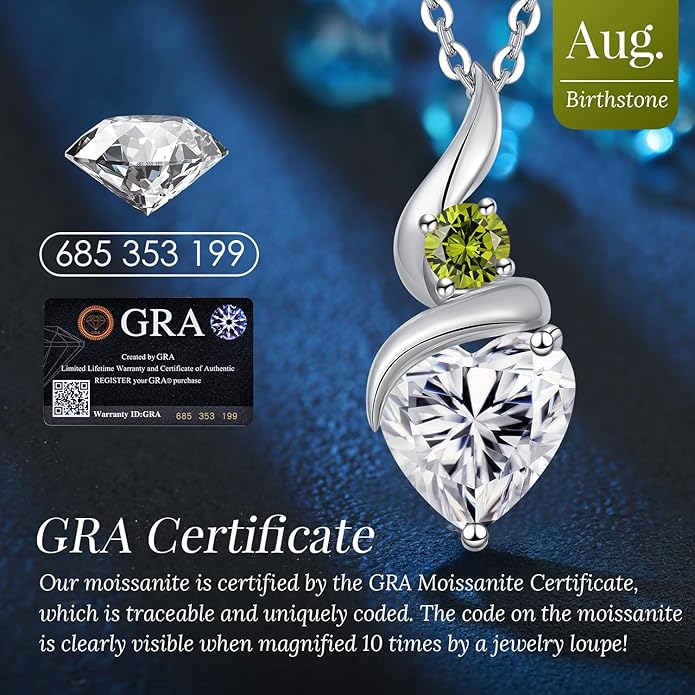 ANDSO Moissanite Heart Pendant Necklaces for Women, 925 Sterling Silver Necklace with Birthstone, Ideal Anniversary Present or Birthday Christmas Valentine Jewelry Gifts for Mom Wife Her Girlfriend