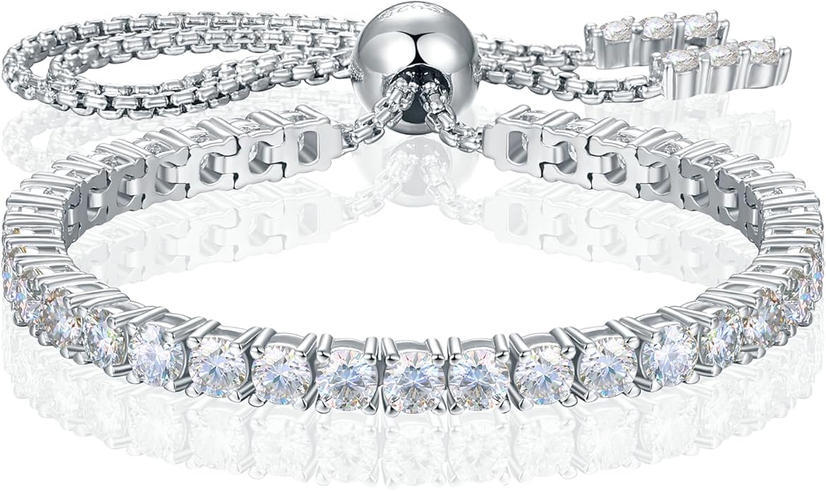 Moissanite Tennis Bracelet 1.52ct-7.76ct Adjustable Bracelet for Women 18K White Gold Plated S925 Sterling Silver Tennis Bracelet D Color VVS1 Round Cut 2/3/4mm Moissanite Bracelet Gifts for Wife/Mom