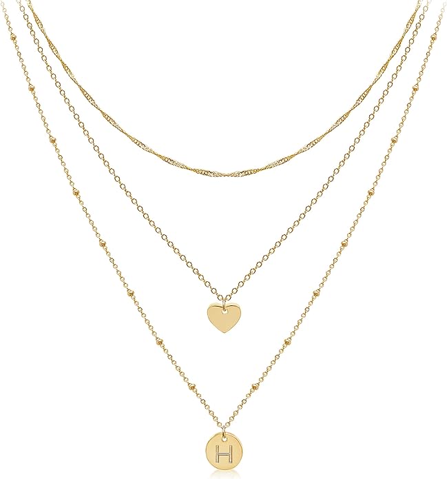 Aisansty Dainty Layered Initial Choker Necklaces Handmade 14K Gold Plated Tiny Heart Personalized Letter Disc Pendant Adjustable Chain Layering Gold Necklaces for Women Gift Jewelry