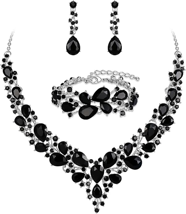 BriLove Wedding Bridal Jewelery for Women Austrian Crystal Teardrop Cluster Statement Necklace Dangle Earrings Link Bracelet Set