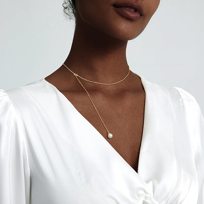 Luxval Lariat Gold Necklace for Women, Dainty Long Necklace 14k Gold Plated/Silver Y-Shaped Pendant Necklaces Trendy Beaded Chain Drop Necklaces Jewelry for Women Gifts