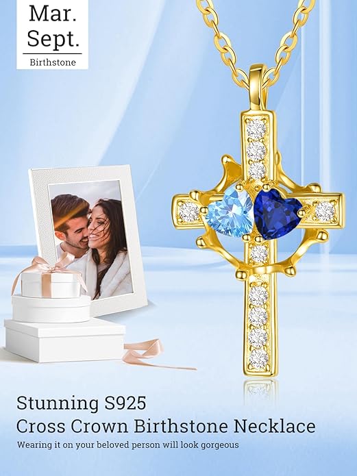 Zeuslia Double Birthstone Necklace Gifts for Wife - 925 Sterling Silver Sunflower/Rose/Crown Cross/Compass/Heart Pendant I Love You Necklace, Anniversary Birthday Gifts for Wife Girlfriend Mom Her