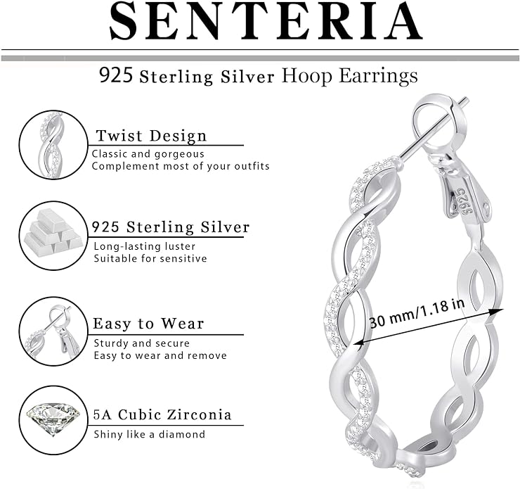 Senteria 925 Sterling Silver Earrings Hoops for Women Lightweight Twisted Hoop Earrings With Cubic Zirconia Hypoallergenic Hoops Earrings (20/30/40/50/60MM)