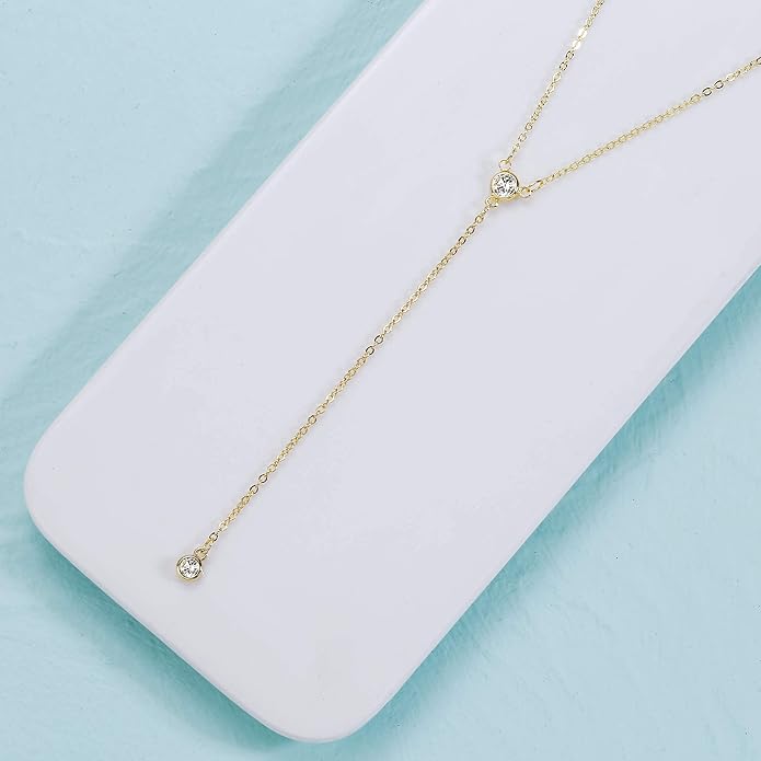 Gold Y Necklace for Women 14K Gold Plated Y-Shaped Drop Necklaces CZ Long Necklace Cubic Zirconia Pendant Layered Long Lariat Necklace Women Jewelry