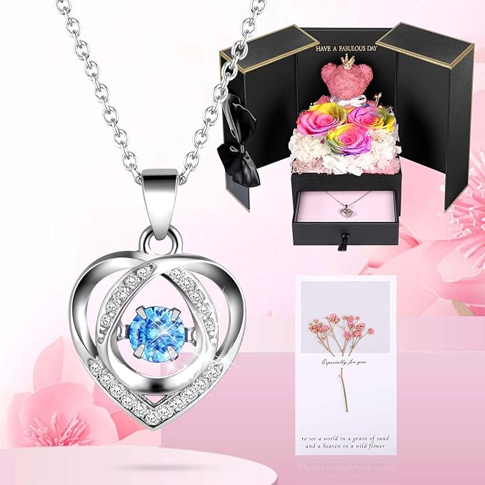 ADDWel Preserved Rose Gifts for Her, Forever Real Rainbow Flowers with Sterling Silver Necklace for Wife Girlfriend Mom on Birthday Anniversary