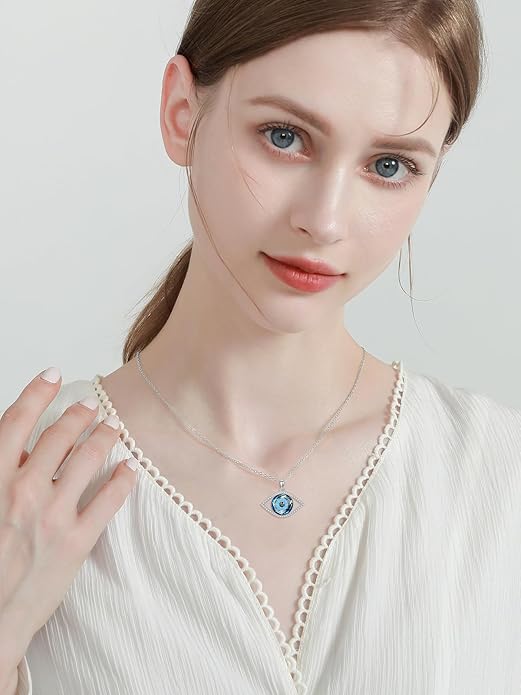 WINNICACA Sterling Silver Evil Eye Necklace Protection Crystal Pendant for Women Good Luck Vintage Evil Eye Pendant Jewelry Birthday Gifts for Women Friend Female
