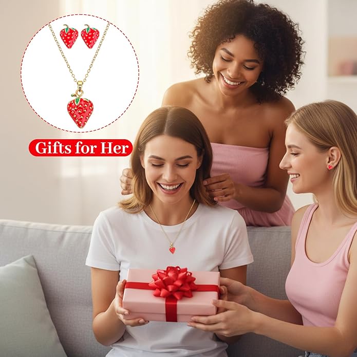 Sorcristy 3pcs Red Cute Strawberry Accessories Strawberry Necklace Earrings Jewelry Set Gifts for Her Fruit Charm Jewelry Women Outfits Dress for Festival
