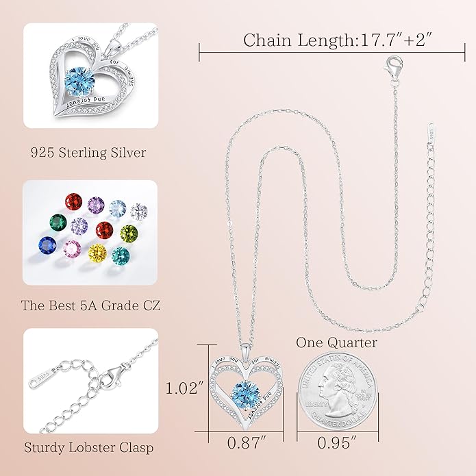 LOUISA SECRET Love Heart Birthstone Necklaces for Women, Birthday Gift for Girlfriend, Anniversary Jewelry Gift for Wife Her, 925 Sterling Silver Women Pendant Necklace, Mother's Day Christams Gift