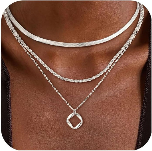 Layered Gold Silver Necklace for Women Non Tarnish,Dainty Choker Statement Chunky Necklace Stack Charm Pendant Chain Necklace Set 14K Gold Plated Long Stacked Womens Necklaces Trendy Jewelry Gift