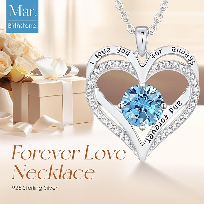 LOUISA SECRET Love Heart Birthstone Necklaces for Women, Birthday Gift for Girlfriend, Anniversary Jewelry Gift for Wife Her, 925 Sterling Silver Women Pendant Necklace, Mother's Day Christams Gift
