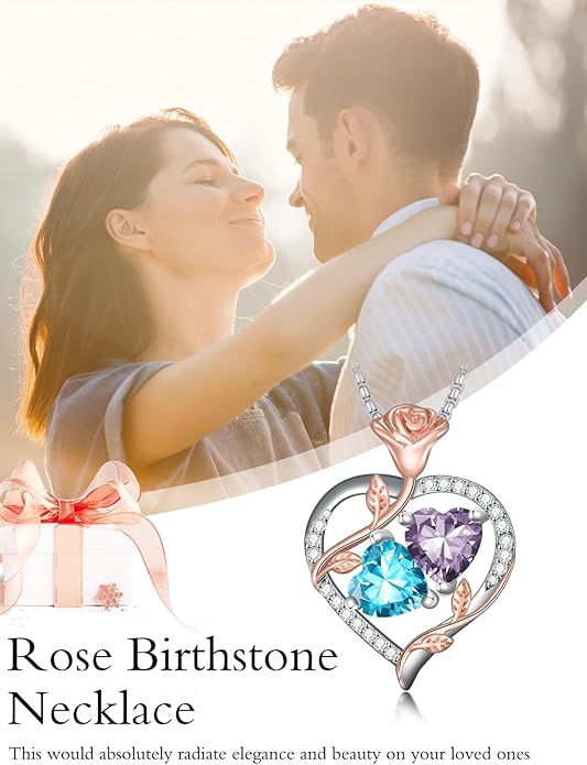 Christmas Gifts for Women Rose Heart Birthstone Pendant Necklace I Love You Forever Jewelry Valentine Mothers Day Birthday Gifts for Women Her Wife Girlfriend