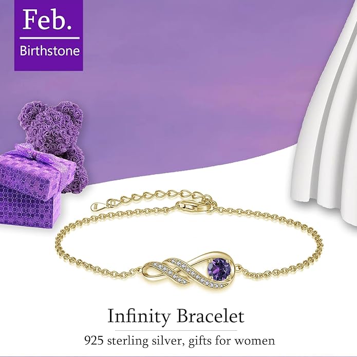 Birthstone Bracelets for Women 925 Sterling Silver Created Gemstone Bracelet Infinity Pendant Jewelry for Her, 6.7"+1.2"