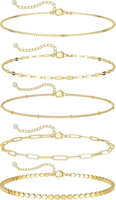 DEARMAY 14K Gold Plated Ankle Bracelets for Women Waterproof - Dainty 6Pcs Anklets Layered Cuban Link Chain Herringbone Cute Anklets Set Pack Summer Beach Jewelry Gift for Women Teen