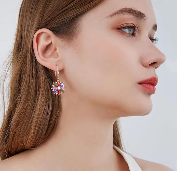 VONSSY Colorful Snowflake Pendant Necklace Earrings Rose Gold 5A Cubic Zirconia | Crystal Sweater Chain | Multi Gemstone Garnet Amethyst Morganite Peridot Prom Rhinestone Necklaces for Women Vintage Stylish Gift