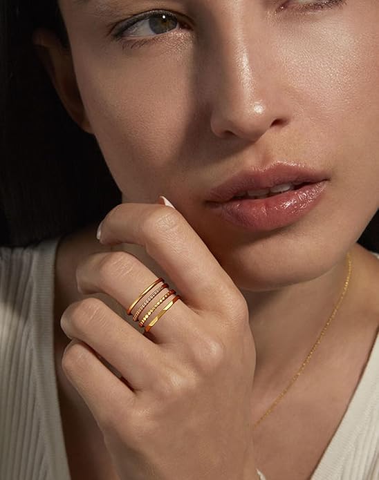 Lunvky Gold Silver Stackable Rings for Women Non Tarnish 1.3mm Thin Silver Rings Set 14K Gold Plated Dainty Trendy Band Stacking Thumb Ring Jewelry Valentine Gifts Stuff Size 5-10
