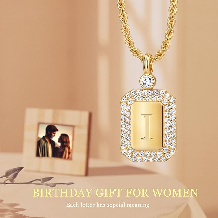 Poekio Gold Initial Necklaces for Women, Letter Necklace for Her Birthday Yellow Gold Initial Pendant Necklace with Rope Chain, Women Jewelry Gifts for Her Wife Girlfriend