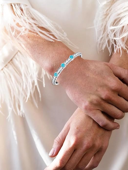 Genuine Turquoise Bracelet Bangle, Sterling Silver 3 Gemstone Native American Western Jewelry for Women, Fit for 6.5 7 7.5 Inches