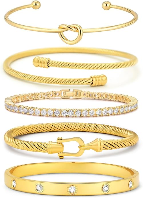 FAFUGA 18 K Gold Plated Love Bangle Bracelet Stack Cuff Jewelry for Women Jewelry Set for Women Gift with Box