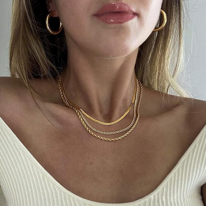 DEARMAY 14K Gold Plated Necklaces for Women, Dainty Gold Herringbone Choker Necklace Thin Layered Snake Chain Jewelry for Gifts