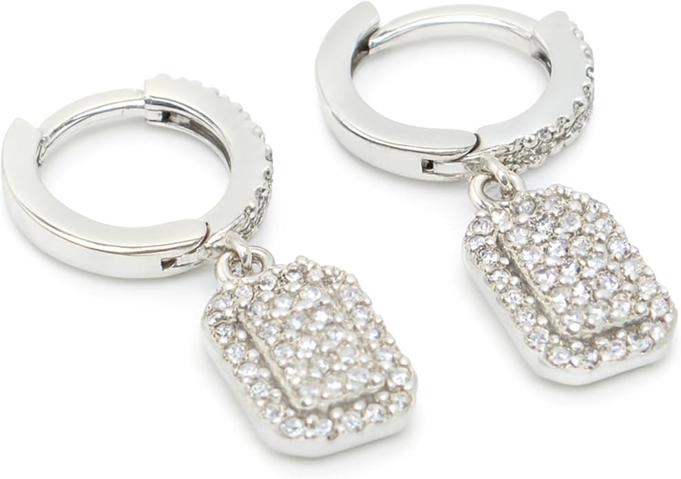 Rectangle CZ Dangle Wide Hoop Earrings for Women – 10mm Charm, 25mm Total Length, Elegant Gift Earrings.KT001