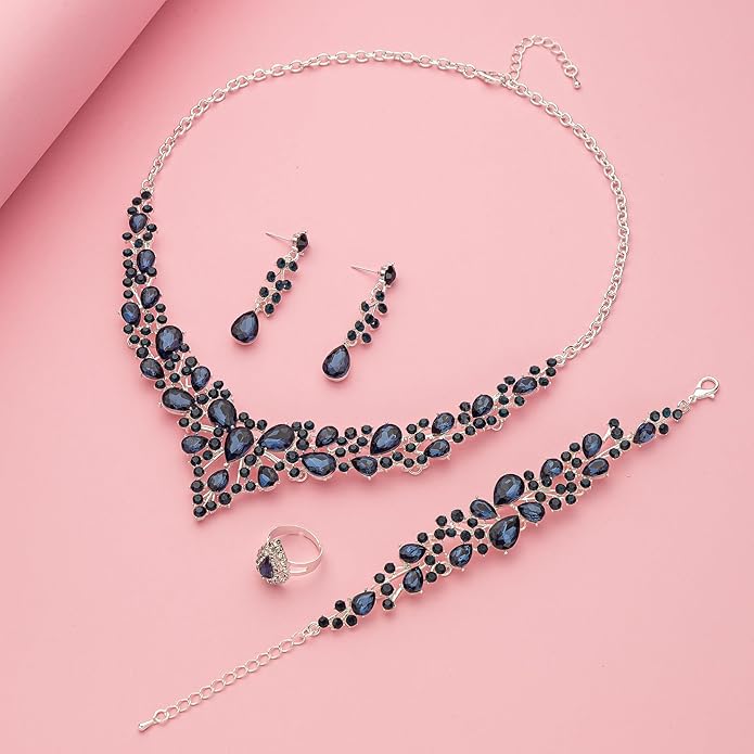 Paxuan Crystal Bridal Wedding Jewelry Sets for Women Rhinestone Teardrop Crystal Statement Choker Necklace Drop Earrings Link Bracelets Rings Teardrop Jewelry Set for Brides Bridesmaids